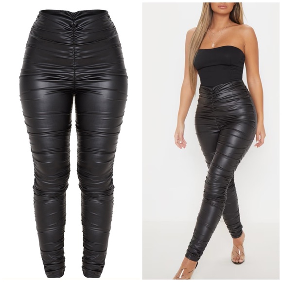 Pretty Little Thing Black Coated Faux Leather Ruched Leggings Size 12 Large - Picture 1 of 5